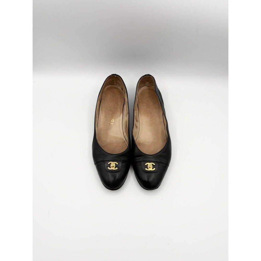 Chanel Black Leather Ballet Flats Gold CC Turnlock Size EU 37